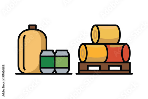 Beverage containers and stacked hay bales sit upon a wooden shipping.