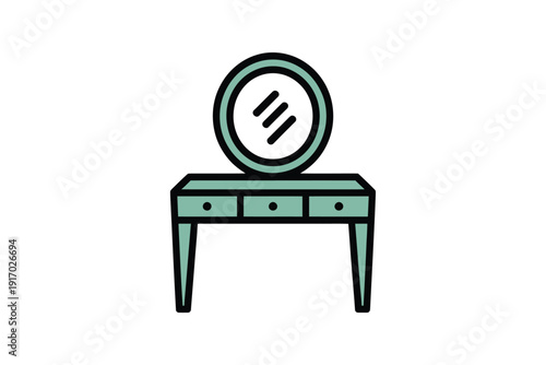 Elegant vanity table with a circular mirror sits against a plain.