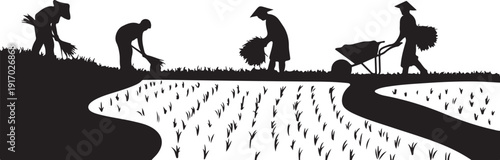 Silhouette of farmers planting rice in a flooded field