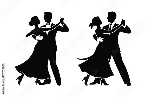 Silhouettes of couples gracefully performing ballroom dance steps at a.