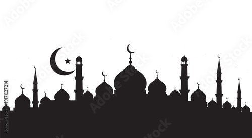 Islamic Mosque Skyline Silhouette with Crescent Moon and Stars for Ramadan Kareem