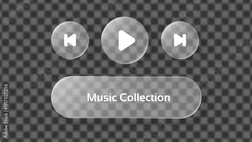 Liquid glass morphism vector of play, skip forward, skip backward buttons and a Music Collection banner concept. UI design element.