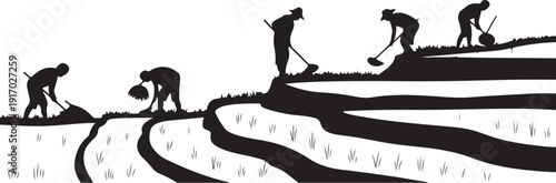 Silhouette of farmers working on terraced rice fields