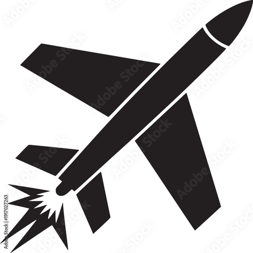 Dynamic black silhouette of a powerful fighter jet soaring through the sky with fiery propulsion