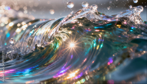 Vector illustration of VFX effects, a bright liquid reflecting the kinetic energy of water, sparkling with rainbow light.