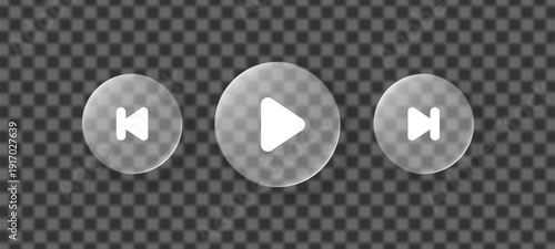 Glass morphism play stop buttons. Liquid play pause skip transparent icons concept. Modern UI design element for app.