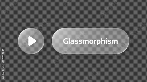 Glassmorphism play button and text element vector on transparent. UI UX interface design for apps, website. Liquid glass effect.