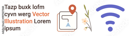 Technology, navigation, wireless connectivity, digital communication, modern infrastructure, online services. Map icon, wireless symbol and decorative flowers. Navigation and wireless connectivity