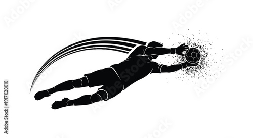 Stylized silhouette of a determined goalkeeper making a spectacular dive to successfully catch the handball