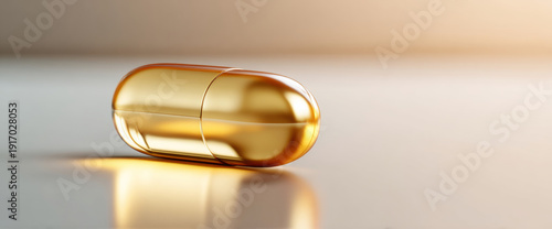 Close-up of a single shiny golden capsule pill lying on a reflective surface with soft warm lighting and blurred background