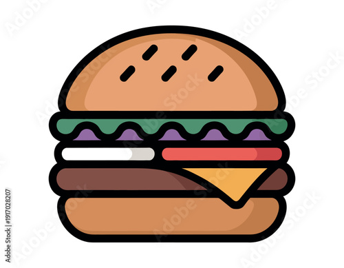 A cartoon illustration of a hamburger with various colorful ingredients