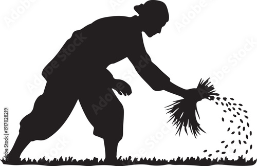Silhouette of person sowing seeds with a hand tool