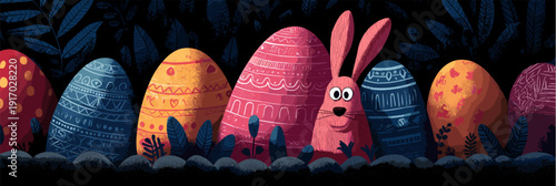Bunny peeking from behind colorful Easter eggs greeting card. Bunny character hiding among patterned Easter eggs and dark foliage, celebrating the spring holiday