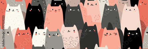 Cute cat pattern creating seamless animal background texture. Many cute cats with different expressions forming a seamless animal pattern