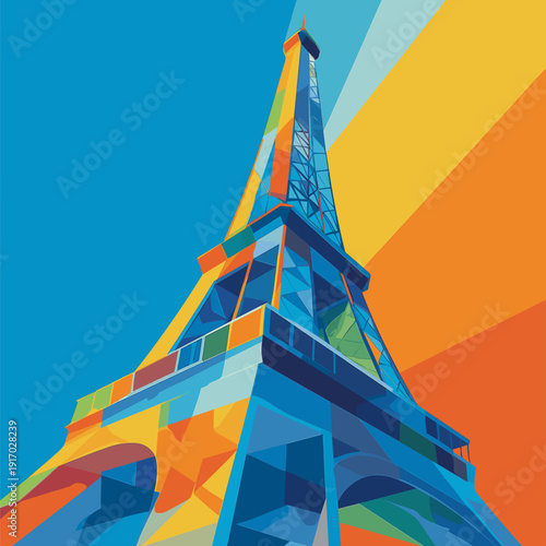 Eiffel Tower geometric abstract vibrant colors illustration. Eiffel Tower appearing in a minimalist geometric flat design illustration with vibrant colors