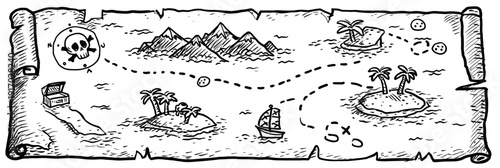 Hand drawn treasure map illustrating pirate island adventure. Hand drawn treasure map showing an island with mountains, palm trees, ships, and marked treasure