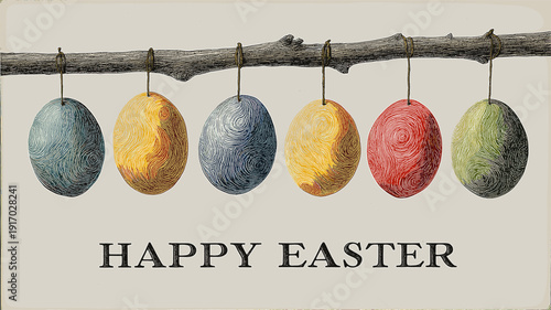 Happy Easter text with hanging eggs on branch greeting card. Colorful patterned Easter eggs hanging from a branch celebrating the holiday season
