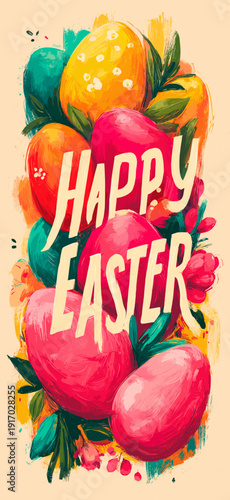Happy Easter greeting with bunny and vibrant spring flowers. Happy Easter greeting design featuring a cute bunny, blooming tulips, and spring daffodils