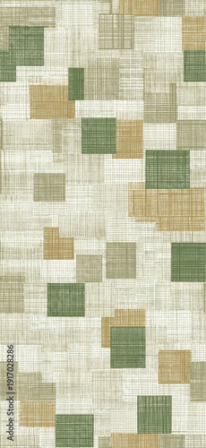 Patchwork geometric pattern creating a seamless textured background. Seamless collage of muted sage and khaki rectangular shapes with woven fabric texture