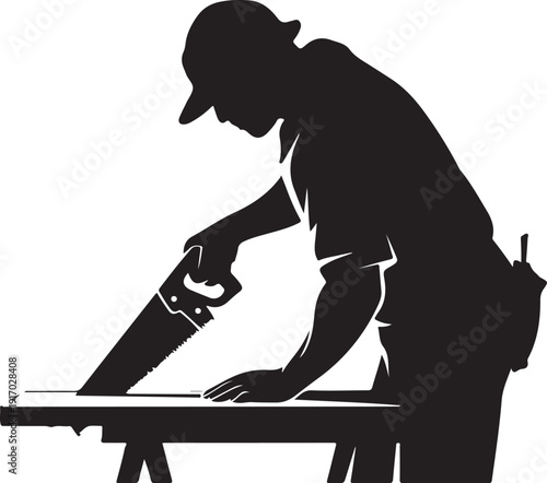 Silhouette of Person Using Hand Saw on Workbench cutting