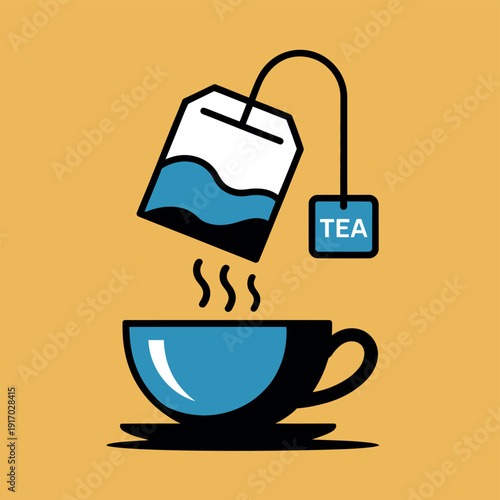 A tea bag being poured into a steaming cup of tea on a yellow background