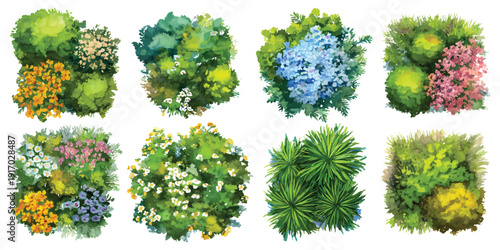 Watercolor set of flower beds bush, top view landscape architectural maps plan environmental isolated on transparent background