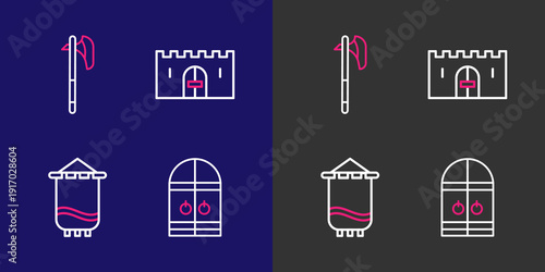 Set line Medieval castle gate, flag, and axe icon. Vector