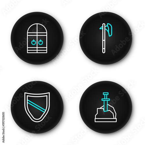 Set line Sword in the stone, Shield, Medieval axe and castle gate icon. Vector