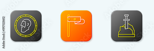 Set line Ancient coin, Medieval flag and Sword the stone icon. Vector