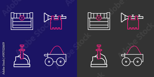 Set line Wooden four-wheel cart, Sword in the stone, Trumpet with flag and Antique treasure chest icon. Vector
