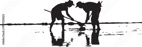 Silhouette of two people and a dog near water reflection