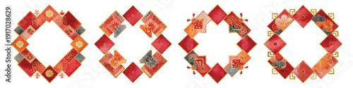 Red and gold geometric border, Chinese New Year frame elements set, isolated on transparent background