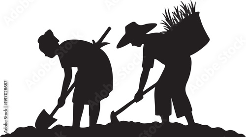 Silhouette of two people digging and carrying a sack of crops