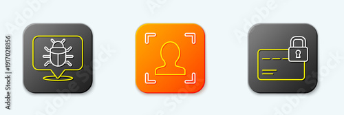 Set line System bug, Face recognition and Credit card with lock icon. Vector