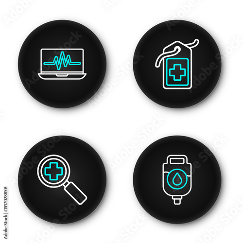 Set line IV bag, Magnifying glass for search medical, Cross hospital tag and Laptop with cardiogram icon. Vector