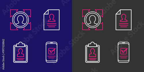 Set line Smartphone, Clipboard with resume, Resume and Head hunting icon. Vector