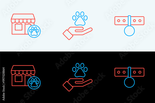 Set line Collar with name tag, Veterinary hospital and Hands animals footprint icon. Vector