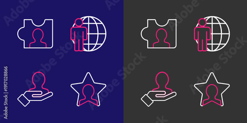 Set line Head hunting, Hand for search people, and icon. Vector