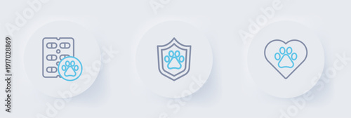 Set line Heart with animals footprint, Animal health insurance and Dog pill icon. Vector