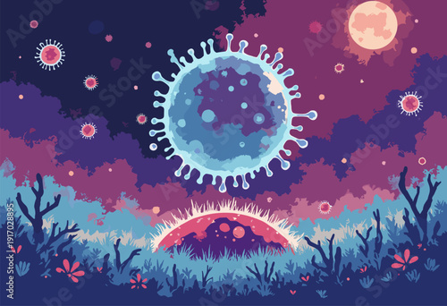 Phagocytosis background large cell shape curving around smaller microbe bottom Minimalist line art