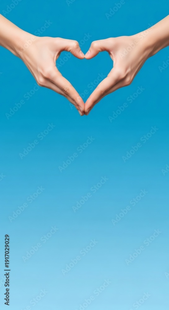 Obraz premium Woman forming heart shape with her hands against blue background. Gesture of love and support for Valentines Day. Romantic express for greeting card.