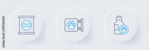 Set line Pet shampoo, Veterinary clinic and Canned food icon. Vector