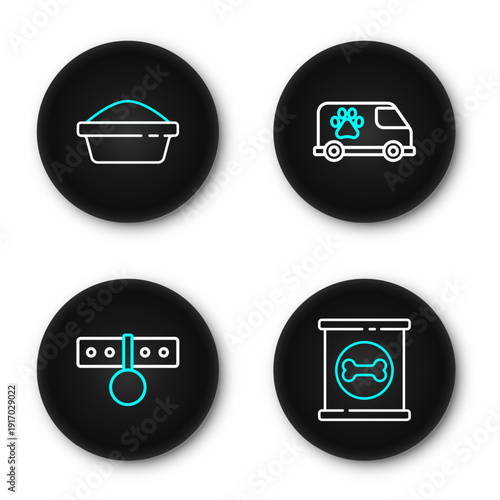 Set line Canned food, Collar with name tag, Veterinary ambulance and Pet bowl icon. Vector