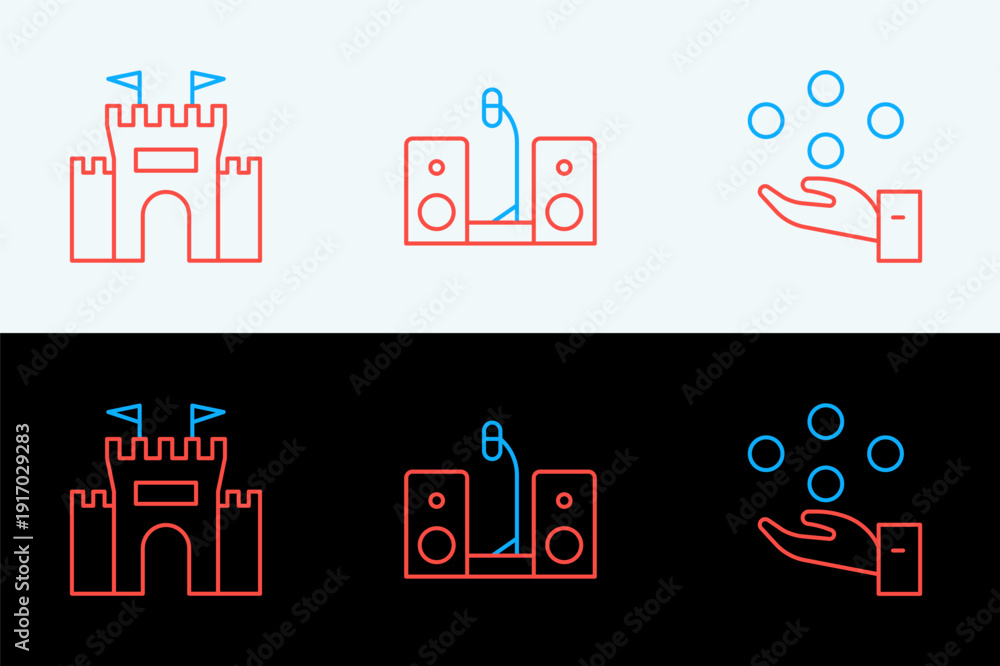 Obraz premium Set line Juggling ball, Castle and Home stereo with two speakers icon. Vector