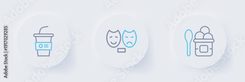Set line Ice cream in bowl, Comedy and tragedy masks and Paper glass with water icon. Vector