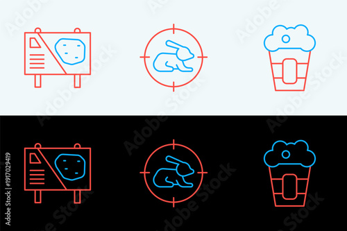 Set line Popcorn in box, Amusement park billboard and Hunt on rabbit with crosshairs icon. Vector