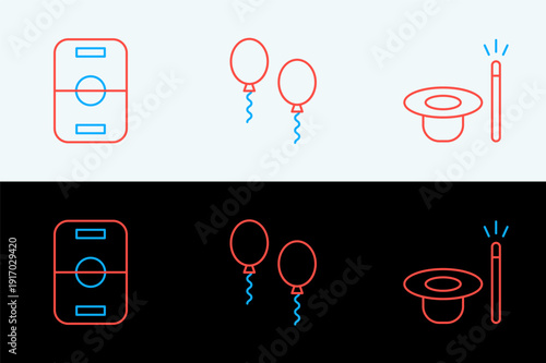 Set line Magic hat and wand, Hockey table and Balloons icon. Vector