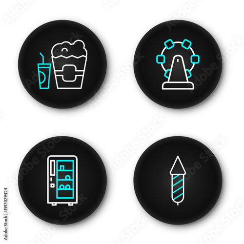 Set line Firework rocket, Vending machine, Ferris wheel and Popcorn box and glass icon. Vector