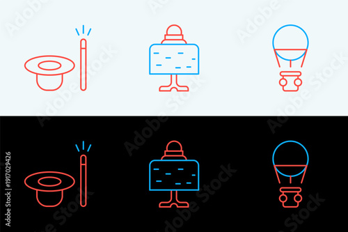 Set line Hot air balloon, Magic hat and wand and table icon. Vector