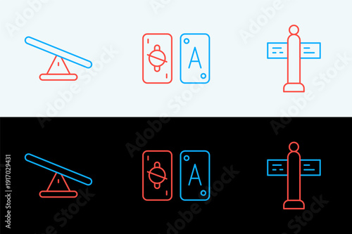Set line Road traffic signpost, Seesaw and Tarot cards icon. Vector